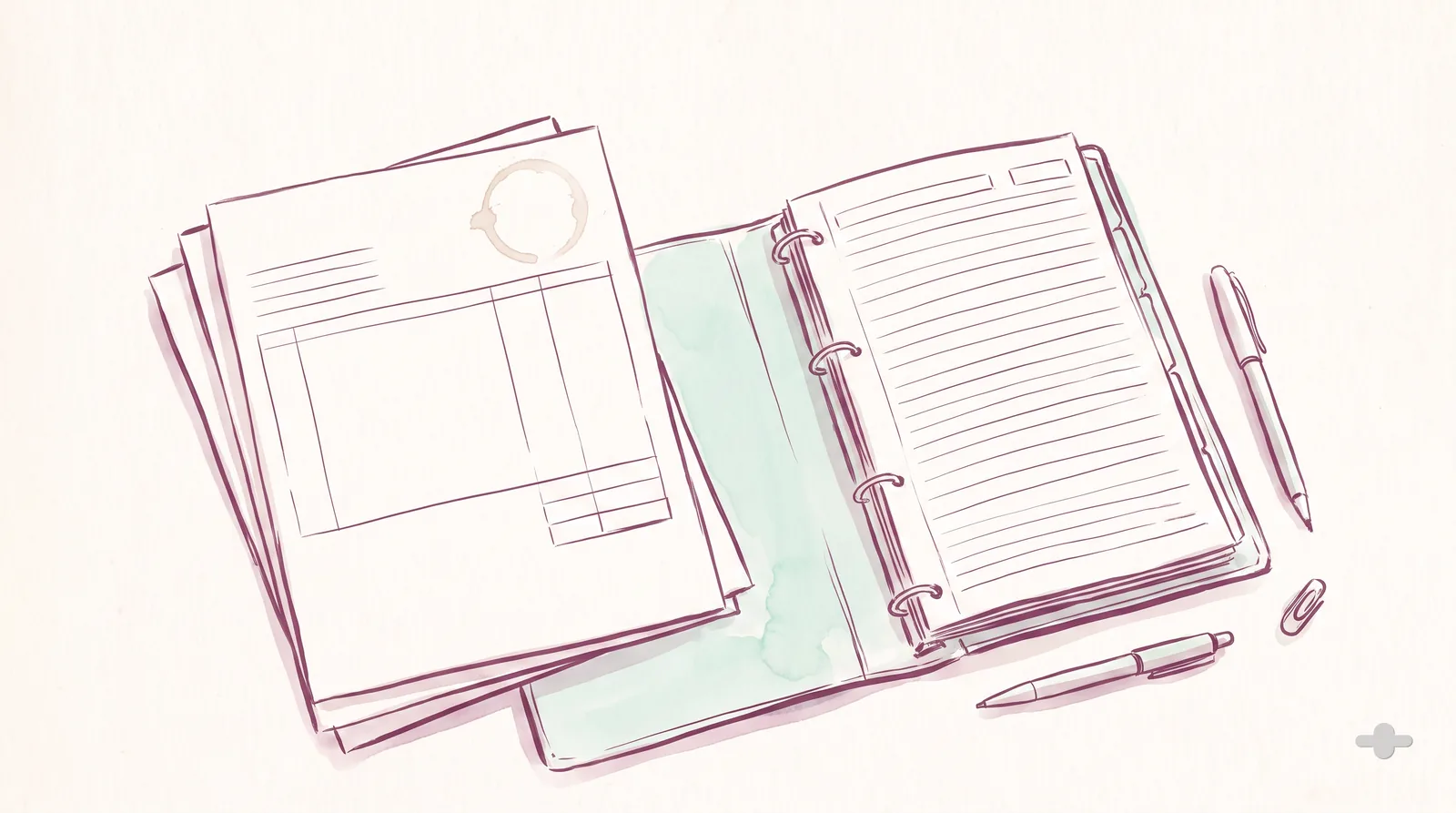 Ink-and-wash drawing of a clinic billing desk with claim forms and a binder