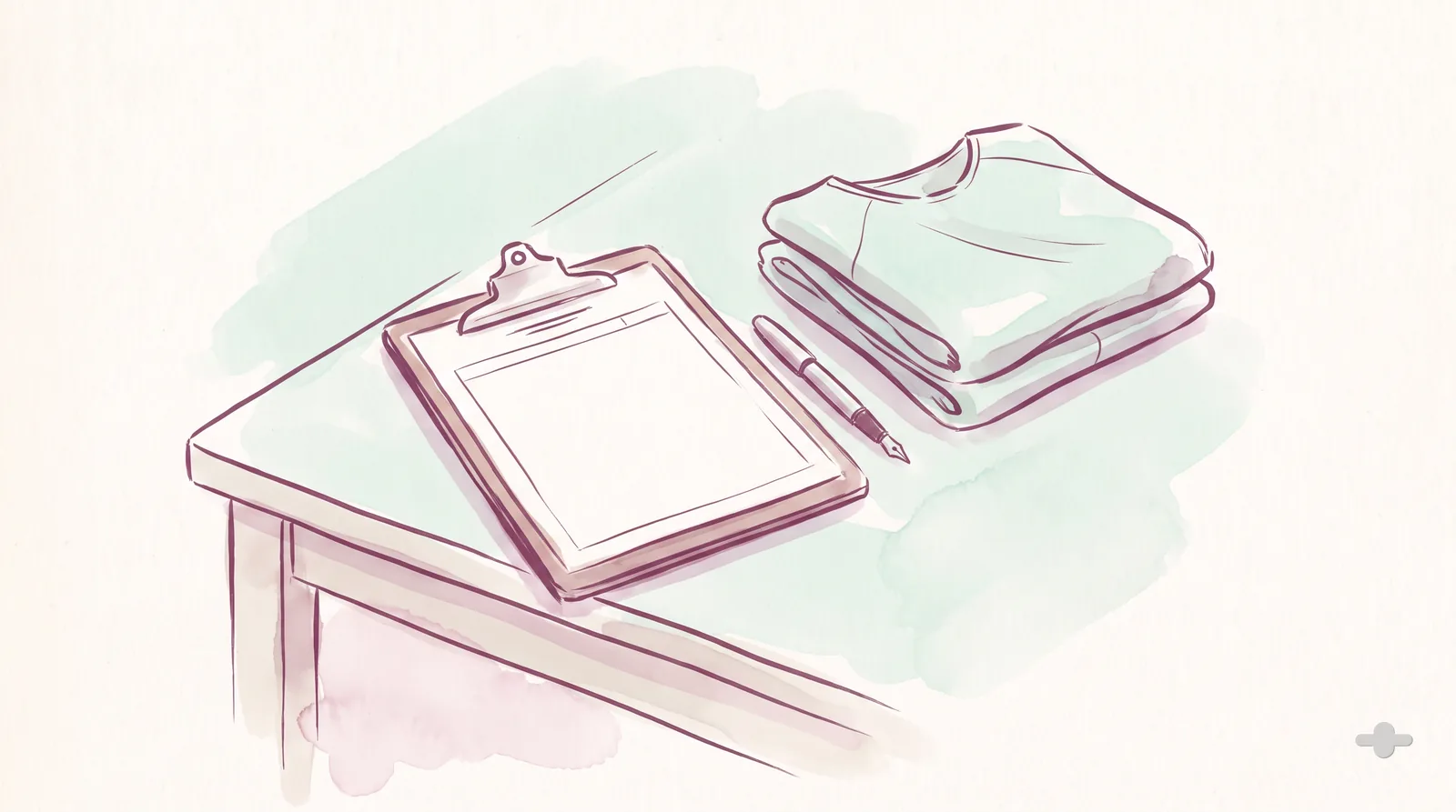 Ink-and-wash drawing of a clipboard, a pen and a folded gown on a treatment plinth