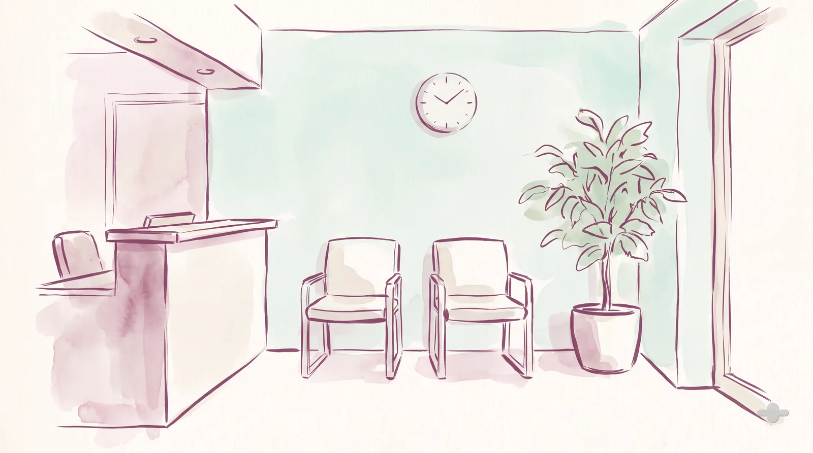 Ink-and-wash drawing of a small clinic reception room