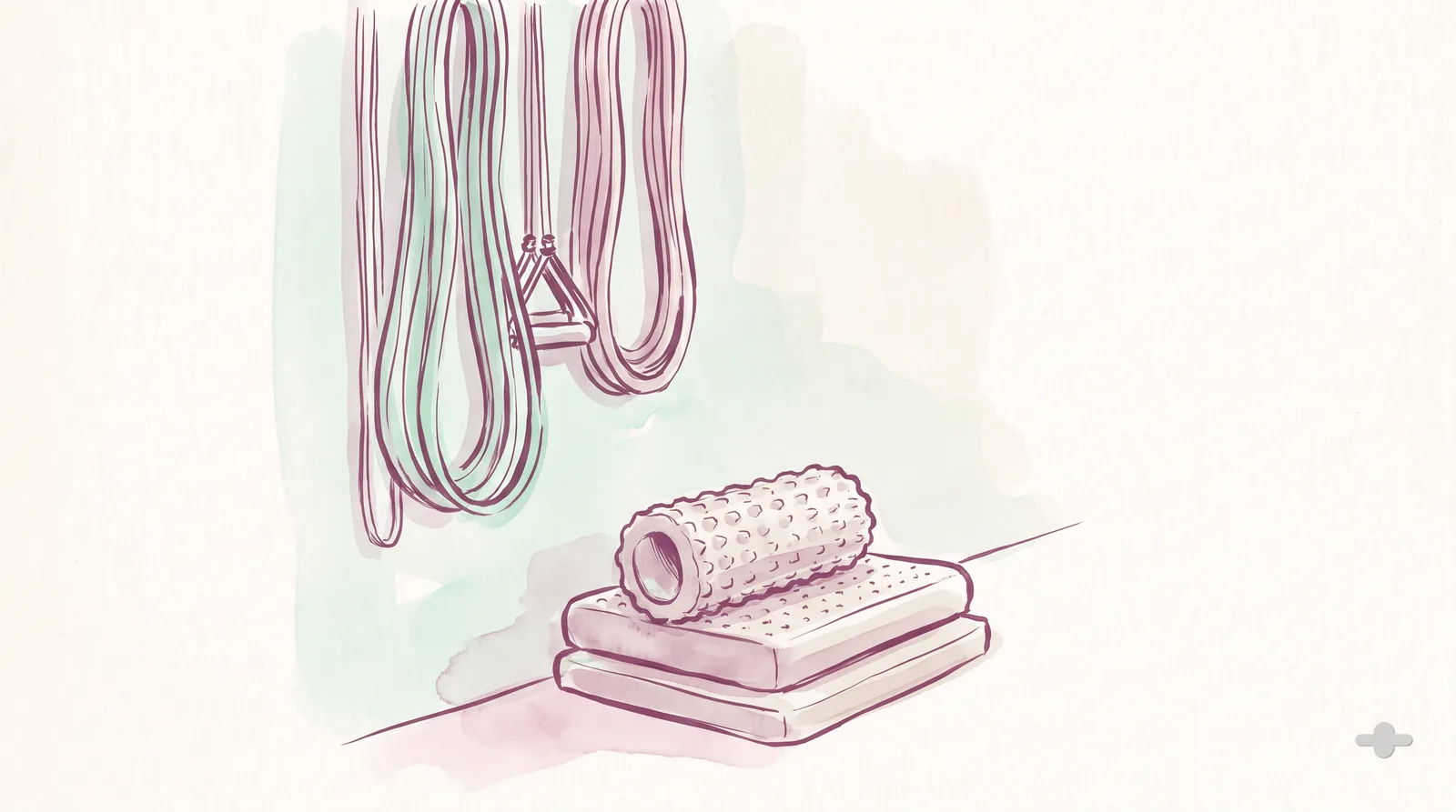 Ink-and-wash drawing of coiled resistance bands, a foam roller and a balance pad