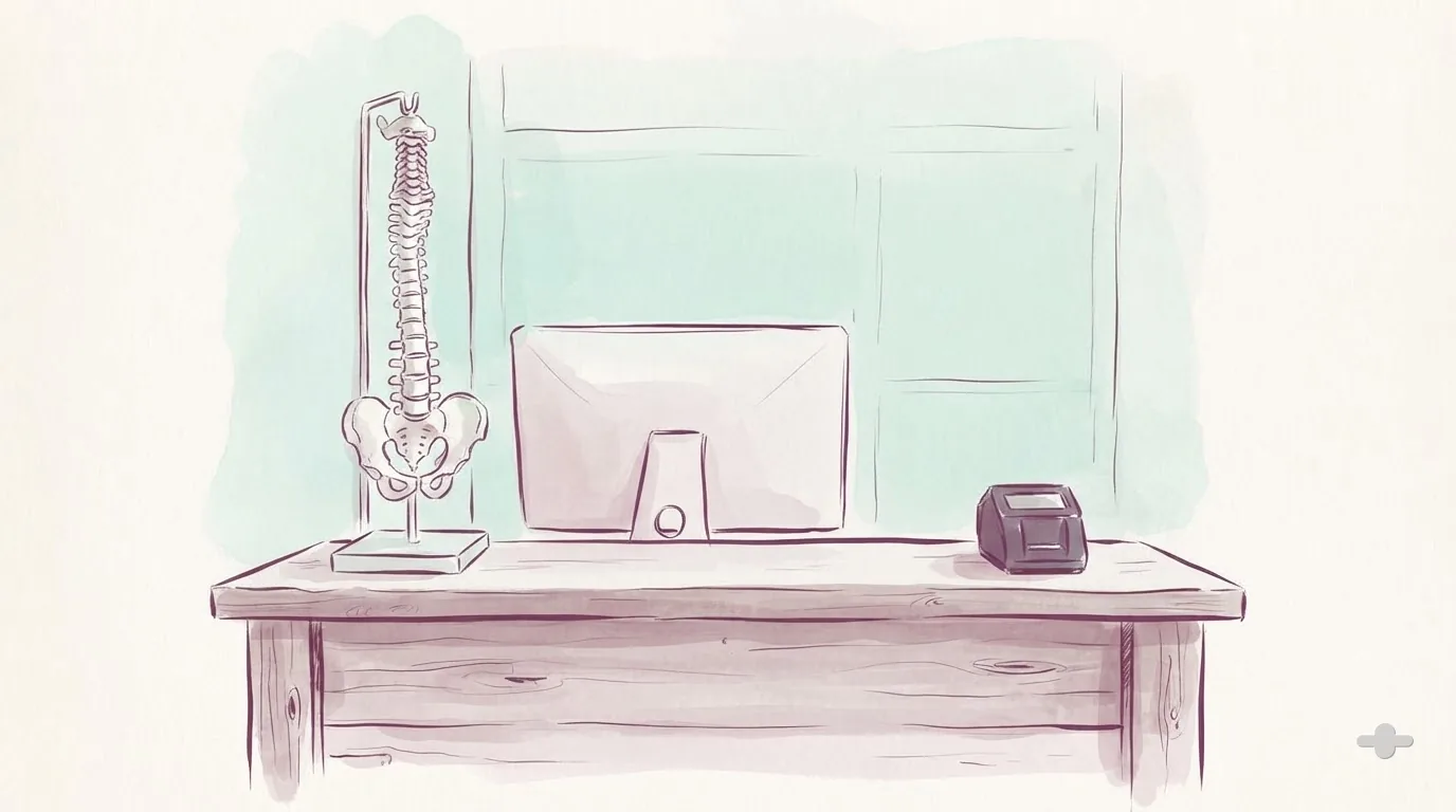Ink-and-wash drawing of a reception monitor beside a spine model