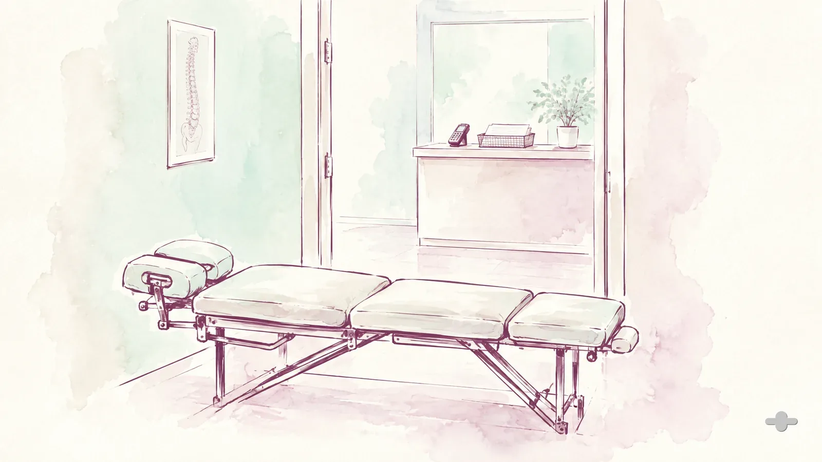 Ink-and-wash drawing of a chiropractic table with the front desk beyond a doorway