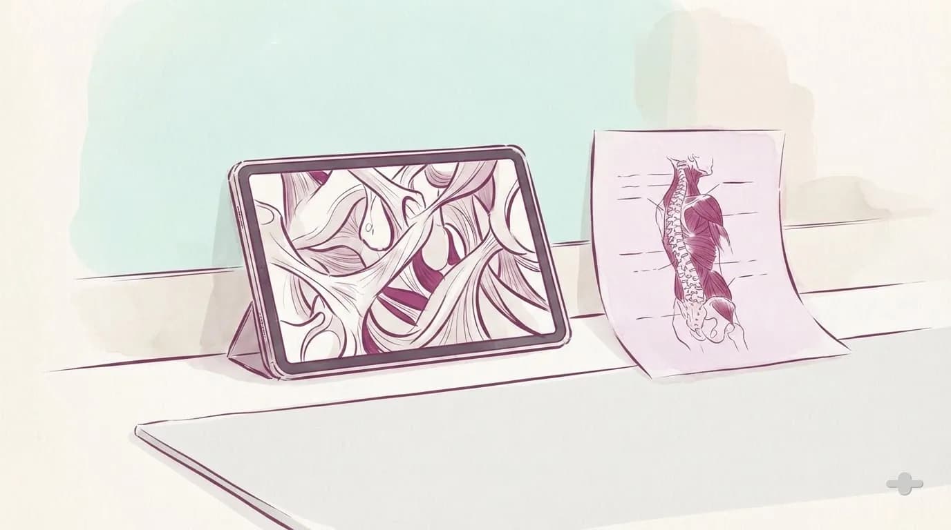Ink-and-wash drawing of a tablet on an exercise mat beside a printed handout