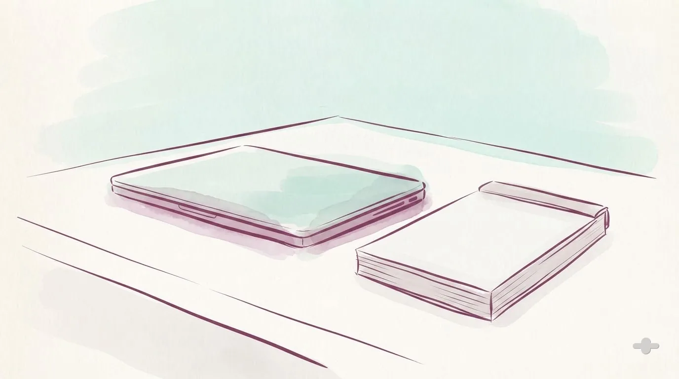 Ink-and-wash drawing of a closed laptop beside a paper notepad