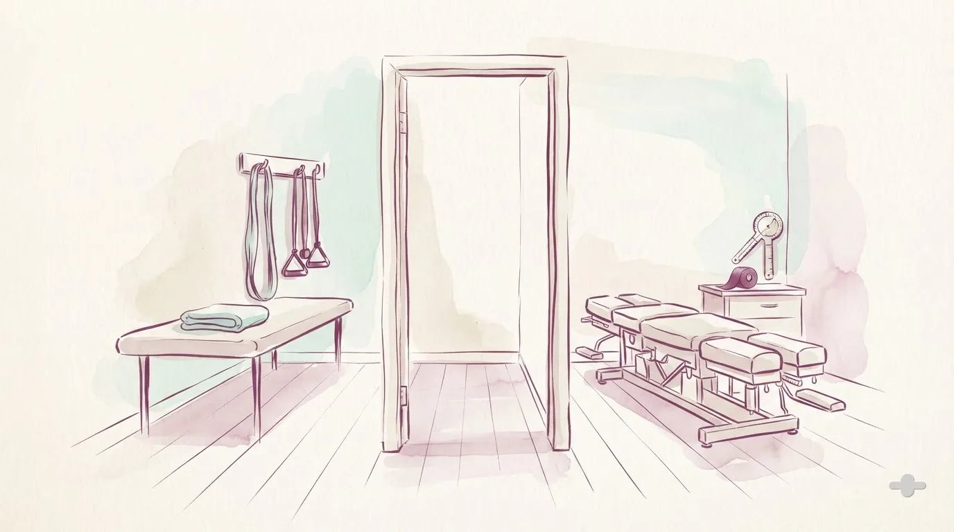 Ink-and-wash drawing of two treatment rooms side by side