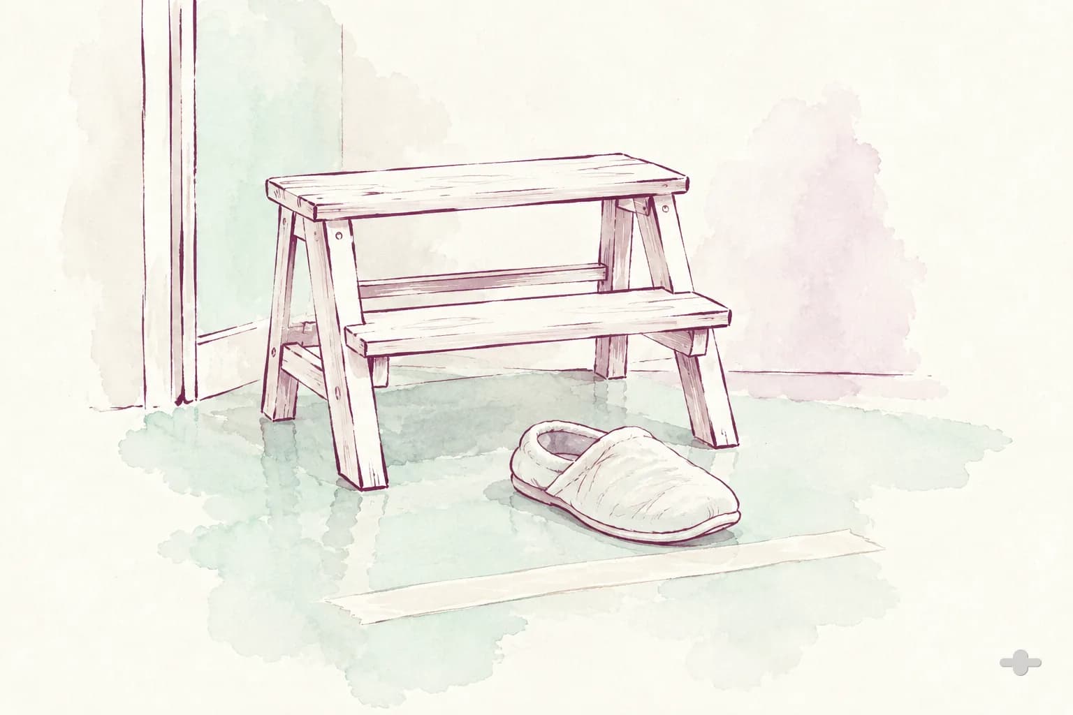 Ink-and-wash drawing of a low step stool with a single slipper placed in front of it