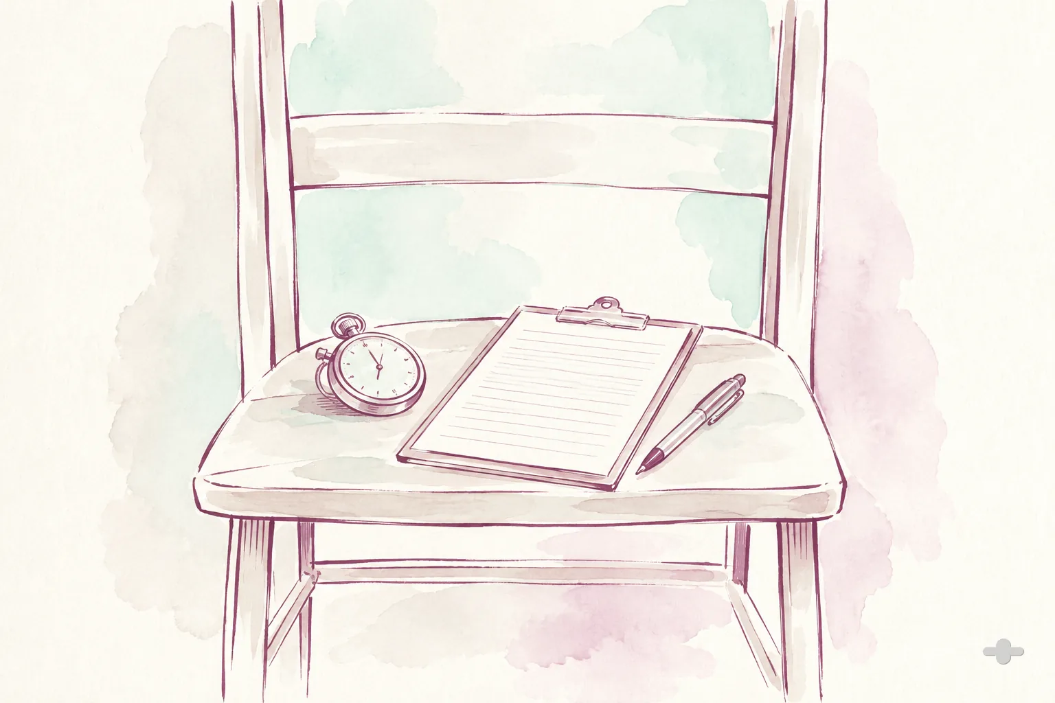 Ink-and-wash drawing of a stopwatch and a clipboard on the seat of a chair