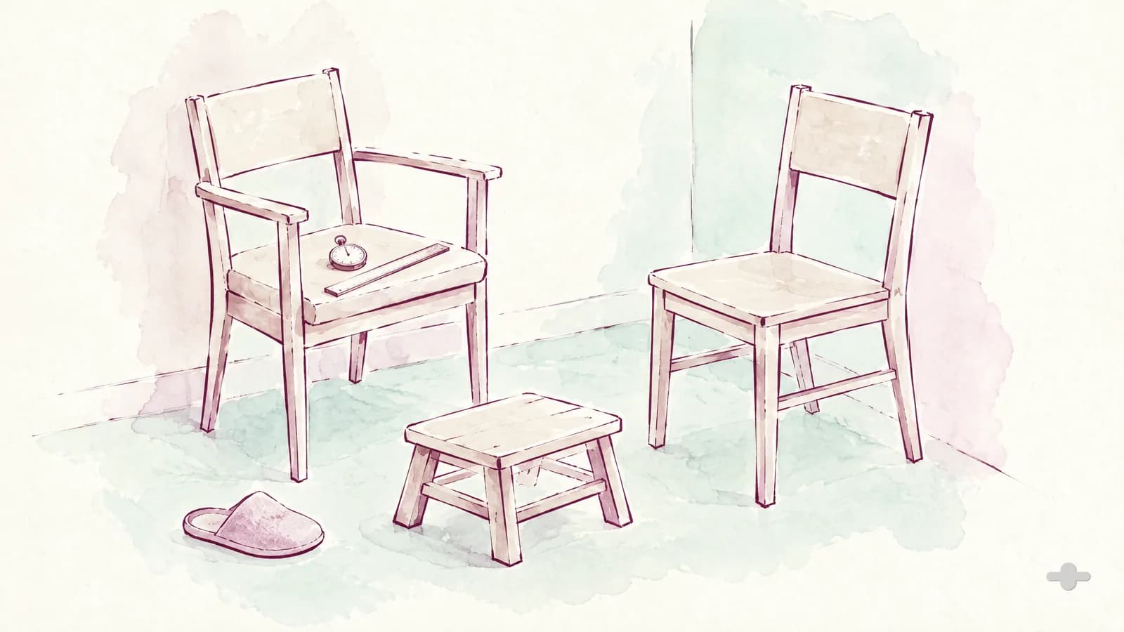 Ink-and-wash drawing of two chairs at an angle, a low step stool, a stopwatch and a slipper set out for a balance test