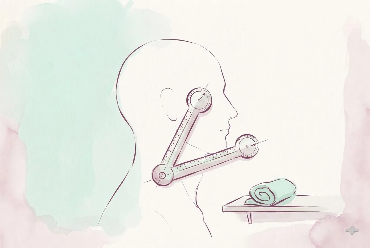 Ink-and-wash drawing of a goniometer against a paper head-and-neck outline