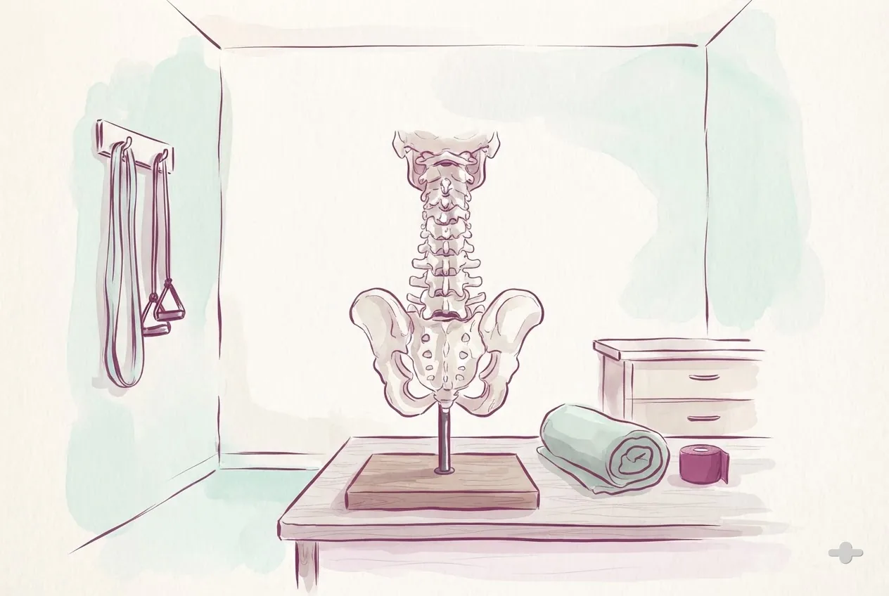Ink-and-wash drawing of a cervical spine model on a desk stand