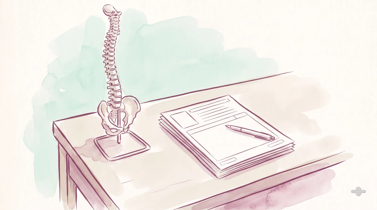 Ink-and-wash drawing of a spine model beside a stack of blank forms