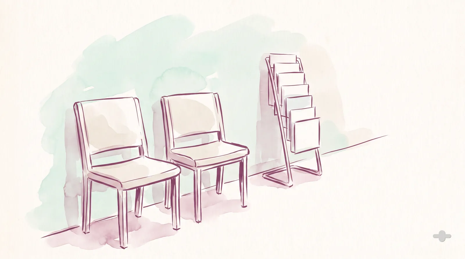 Ink-and-wash drawing of a waiting room with a blank leaflet rack