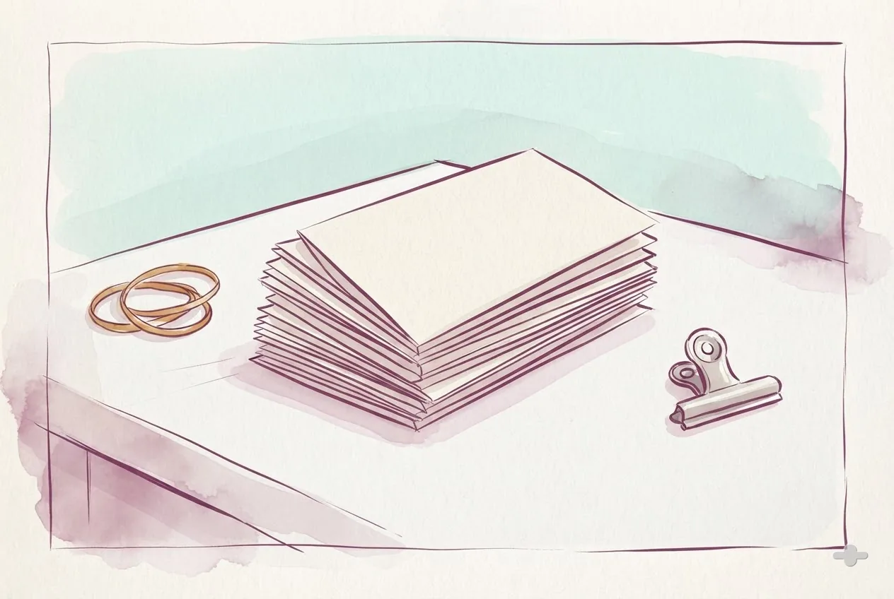 Ink-and-wash drawing of a fanned stack of folded referral cards with a rubber band
