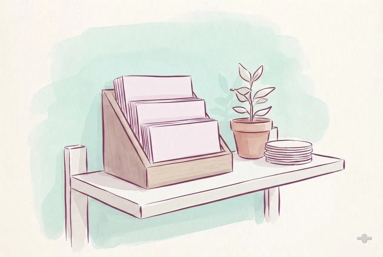 Ink-and-wash drawing of a waiting-room shelf with a card holder and a potted plant