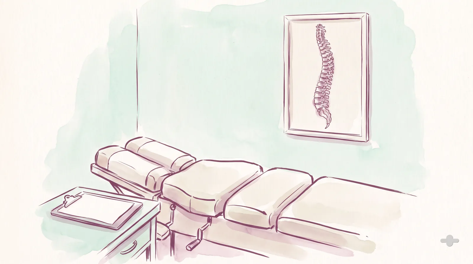 Ink-and-wash drawing of a chiropractic treatment room with a drop table