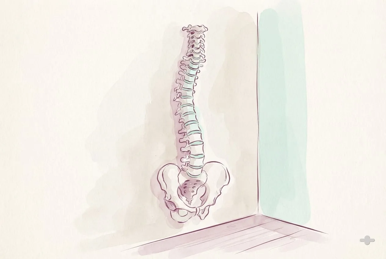 Ink-and-wash drawing of a wall-mounted spine chart seen at an angle