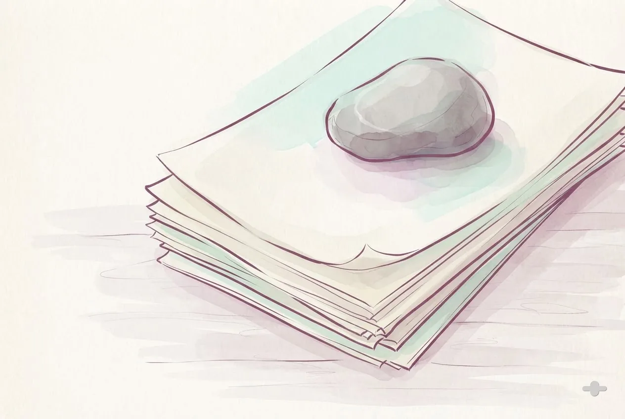 Ink-and-wash drawing of a stack of note pages weighted by a stone