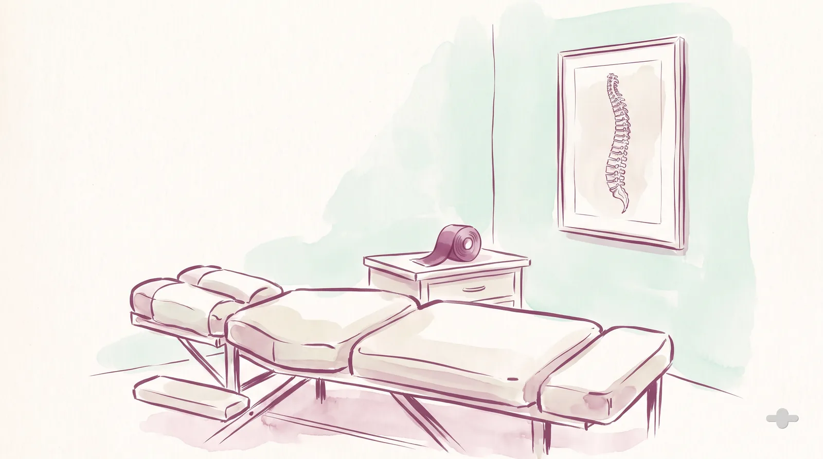 Ink-and-wash drawing of a chiropractic practice room with a drop table