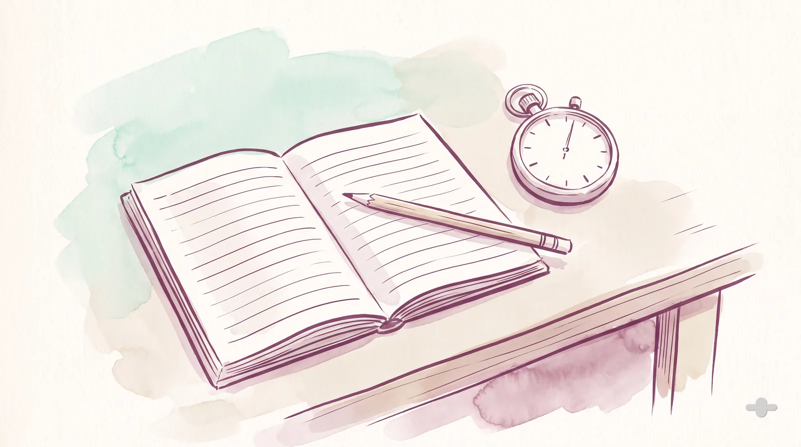 Ink-and-wash drawing of a ledger page with a pencil and a stopwatch