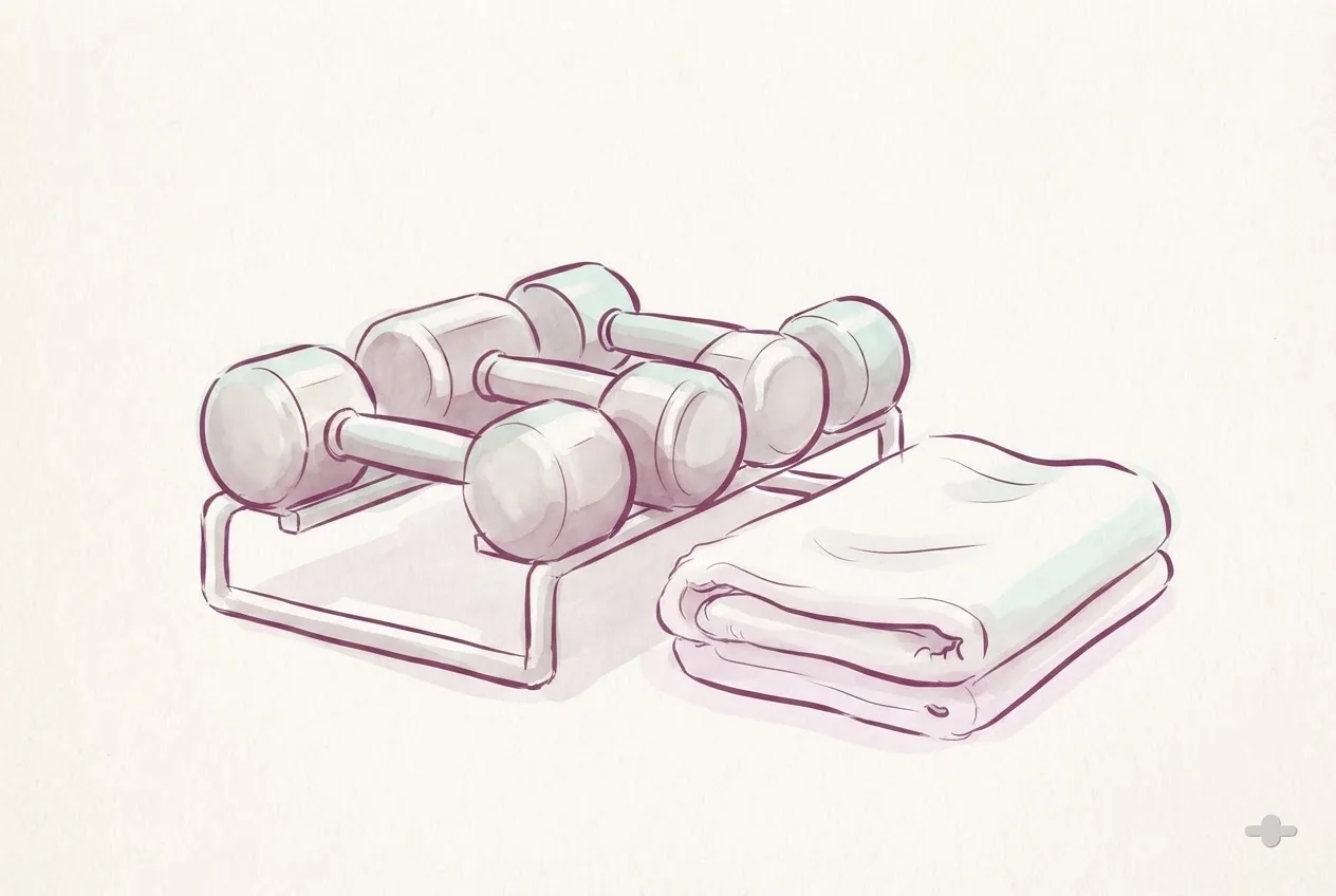 Ink-and-wash drawing of light dumbbells on a rack with a folded towel