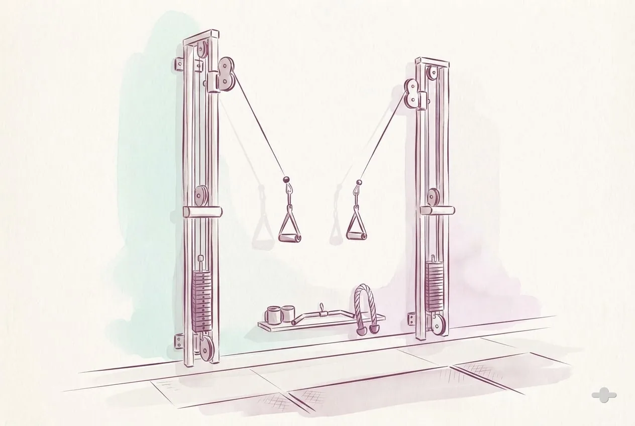 Ink-and-wash drawing of a wall pulley station with hanging handles