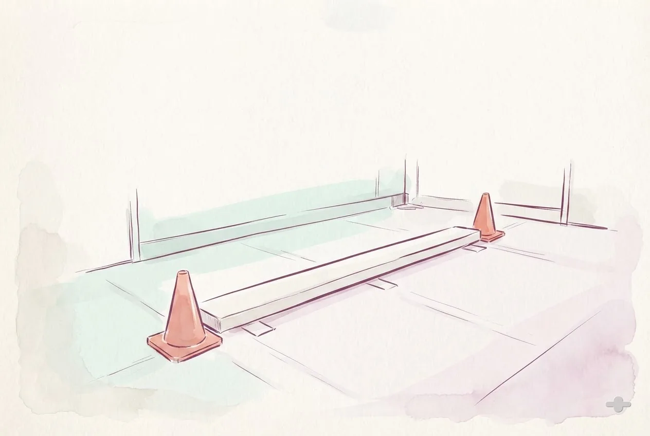 Ink-and-wash drawing of a taped balance line with cones on a clinic floor
