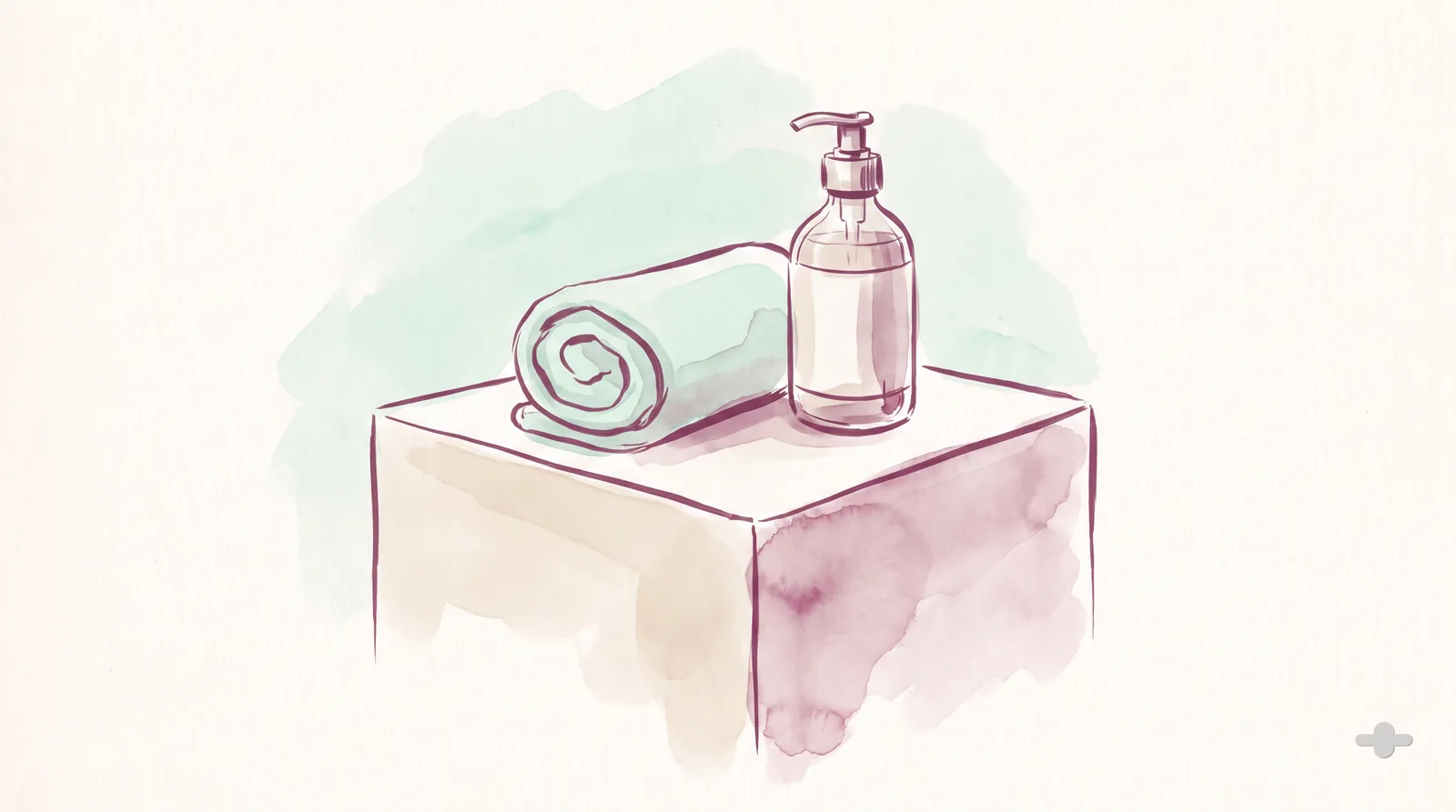Ink-and-wash drawing of a plinth with a rolled towel and a bottle of cream