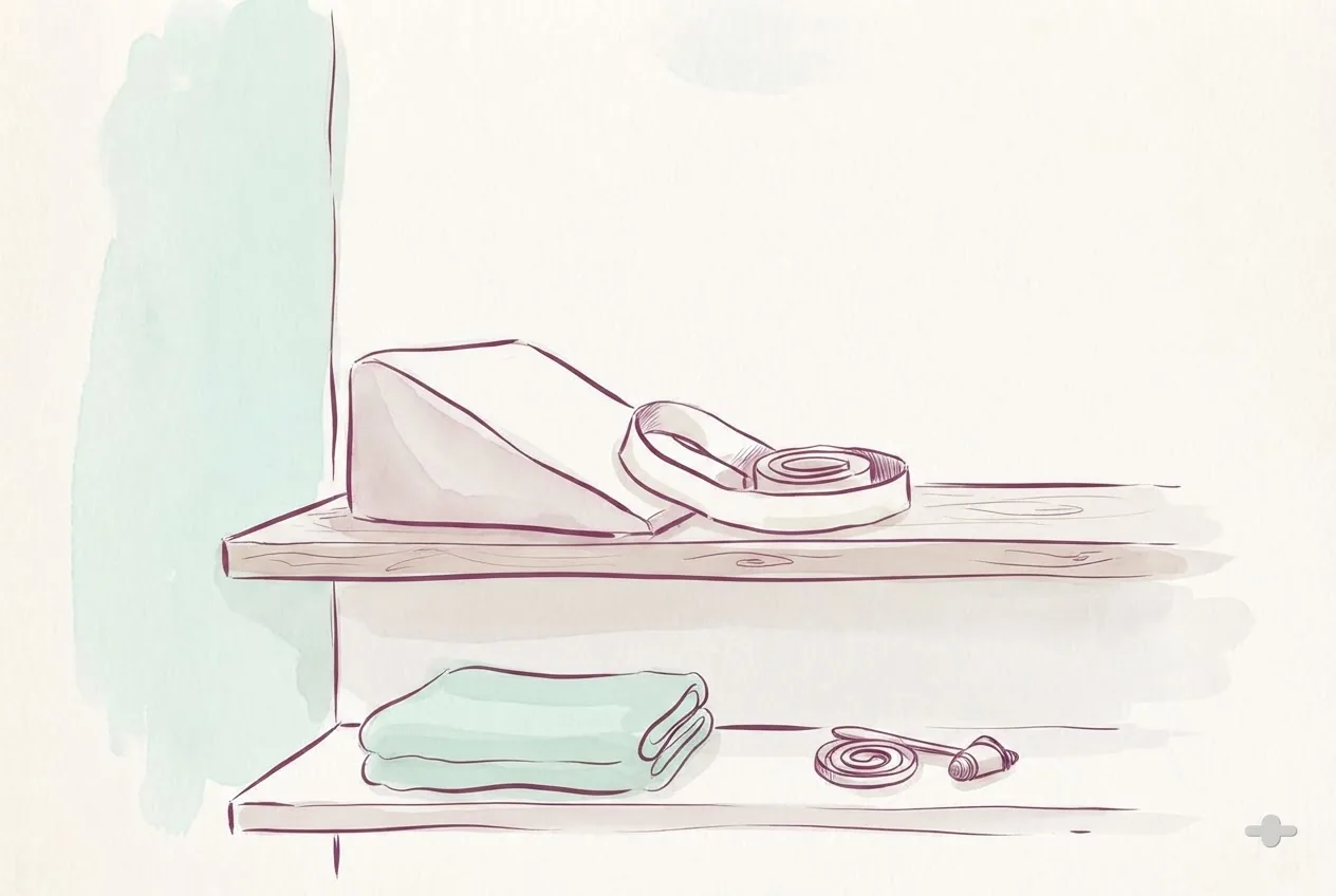 Ink-and-wash drawing of a mobilisation wedge and a coiled strap