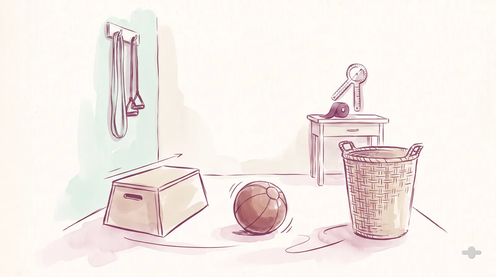 Ink-and-wash drawing of a step box, a medicine ball and a basket set out as a circuit