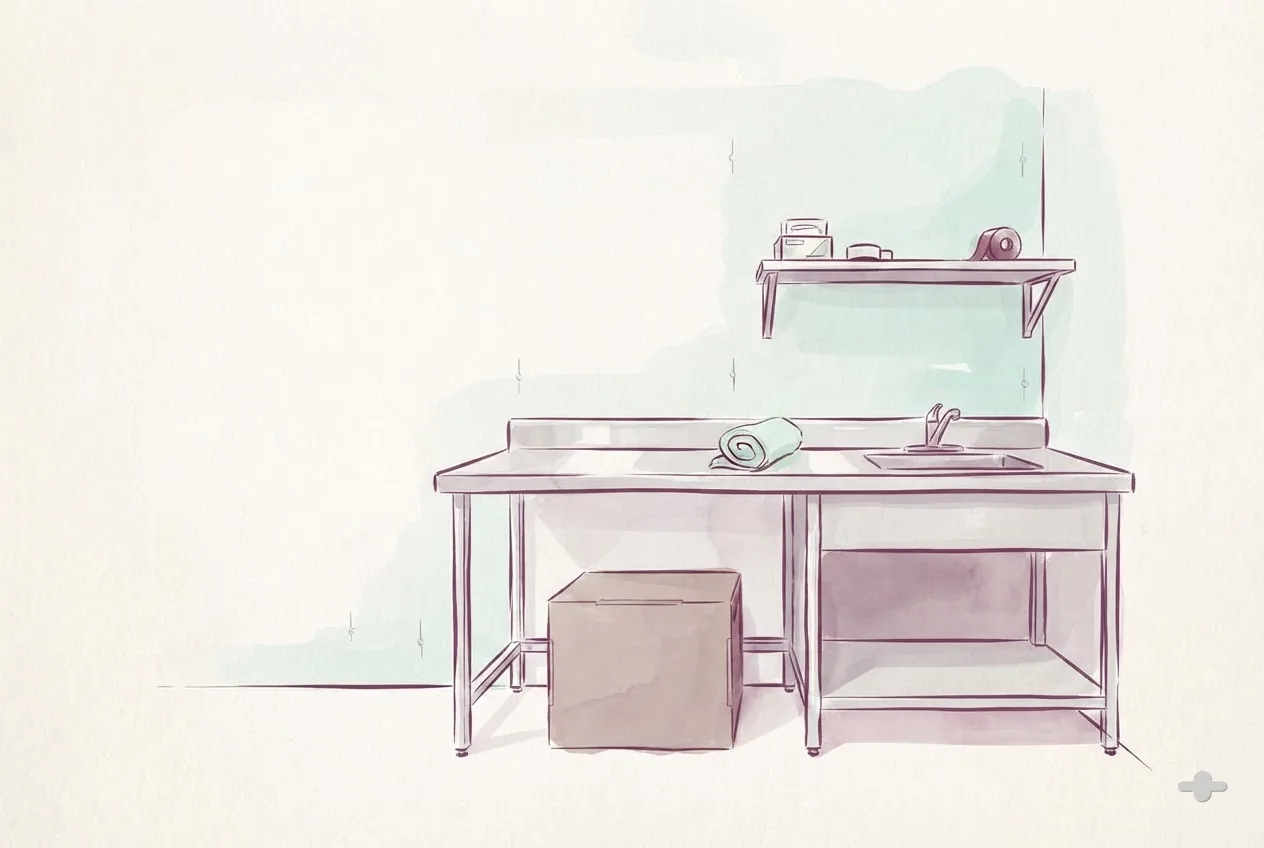 Ink-and-wash drawing of a mock kitchen counter in a clinic gym