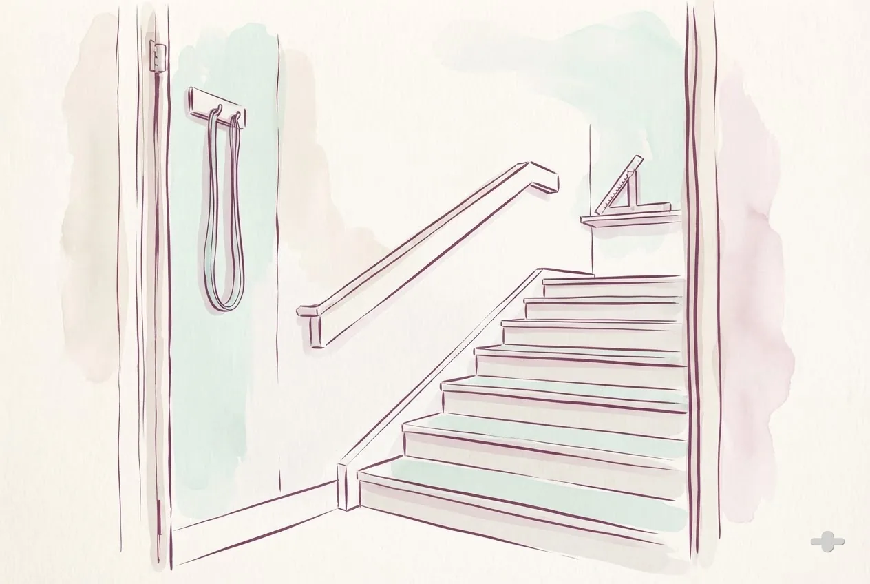 Ink-and-wash drawing of practice stairs with a handrail in a therapy gym