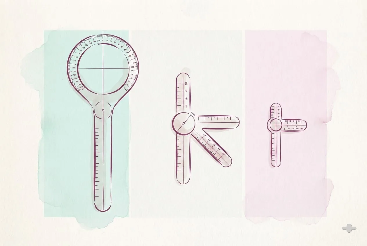 Ink-and-wash drawing of three goniometers of different sizes in a row