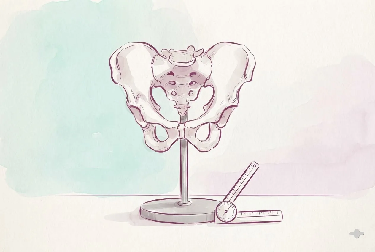 Ink-and-wash drawing of a pelvis model beside a goniometer