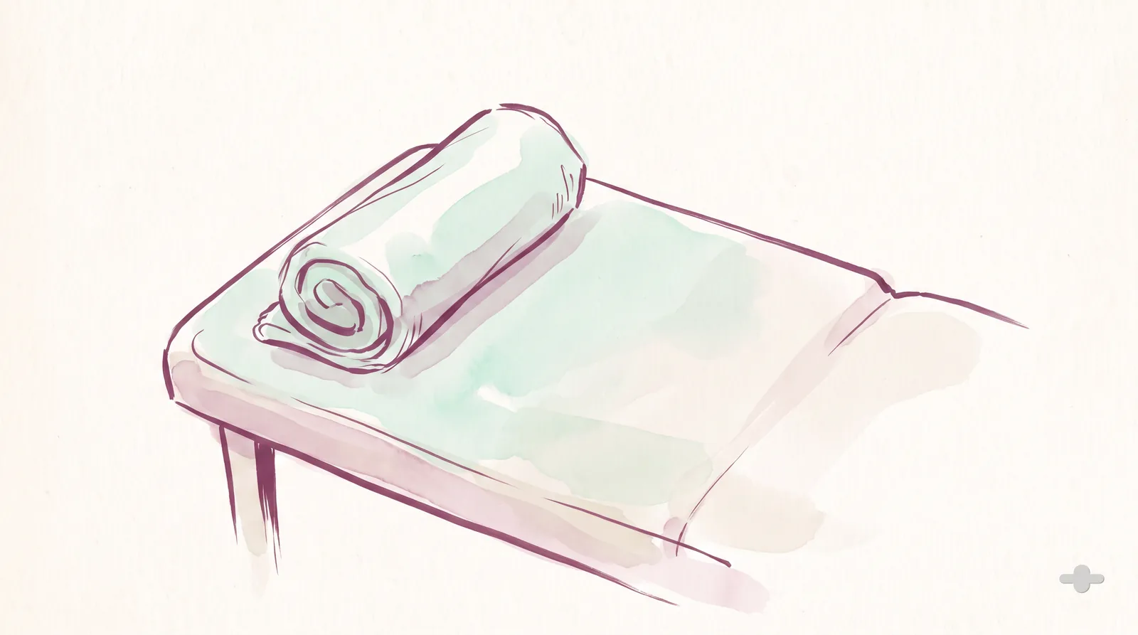 Ink-and-wash drawing of a folded towel roll on an exercise mat