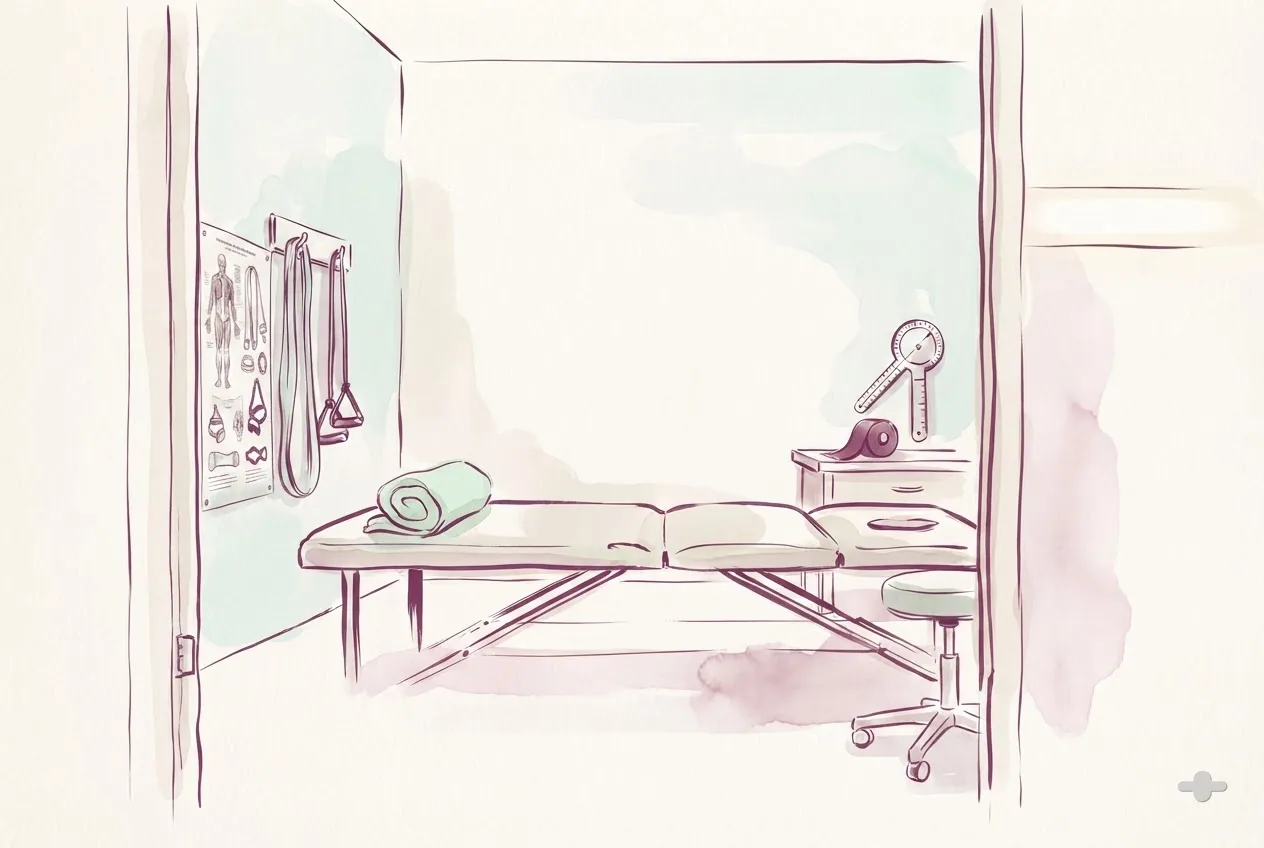 Ink-and-wash drawing of a treatment room seen through the doorway, with a plinth, a wall chart and straps on hooks