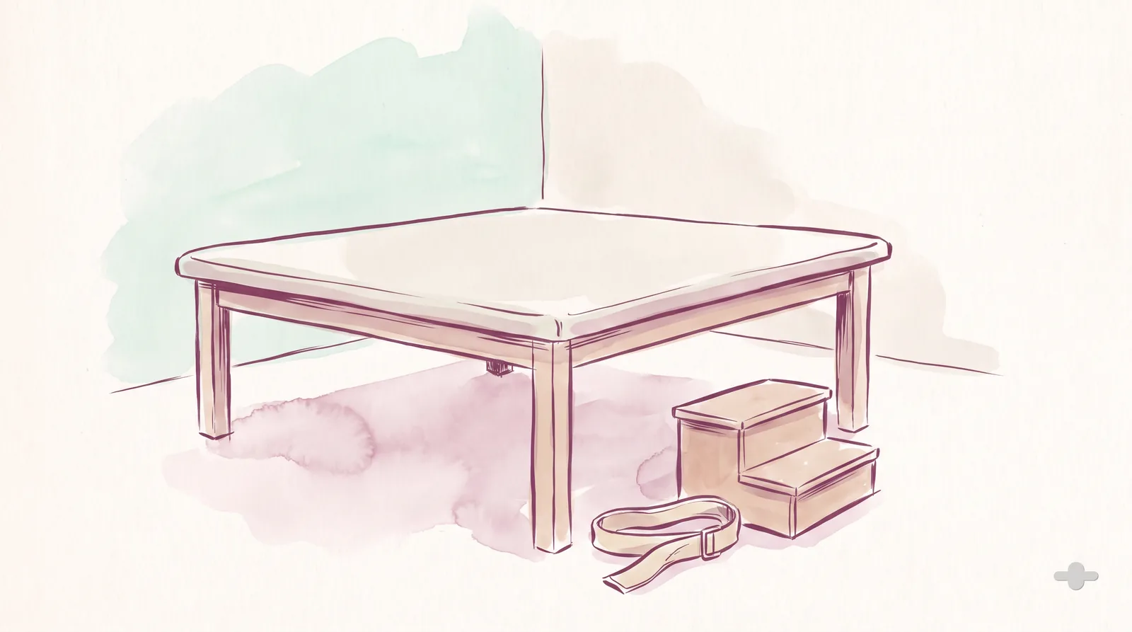 Ink-and-wash drawing of a therapy gym with a mat table and a gait belt