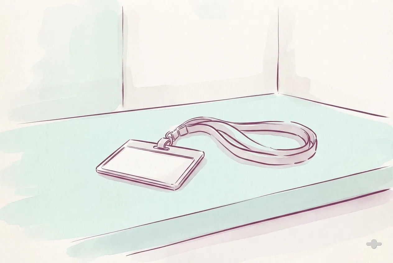 Ink-and-wash drawing of a blank name badge and lanyard on a counter