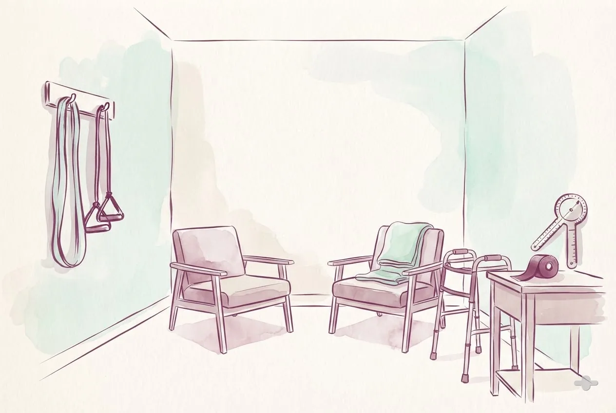 Ink-and-wash drawing of a day room with armchairs and a walking frame