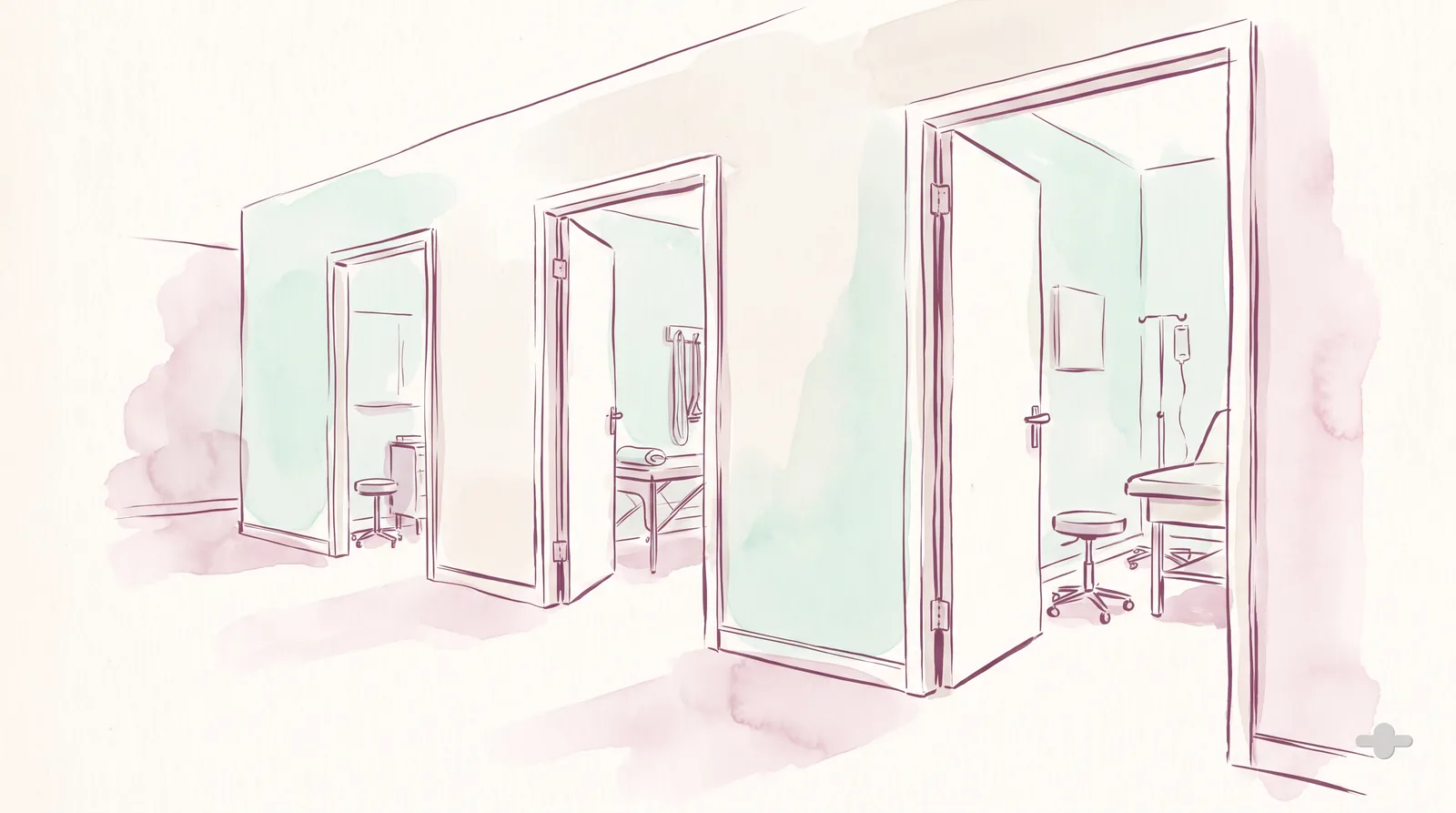 Ink-and-wash drawing of a clinic corridor with open treatment room doors