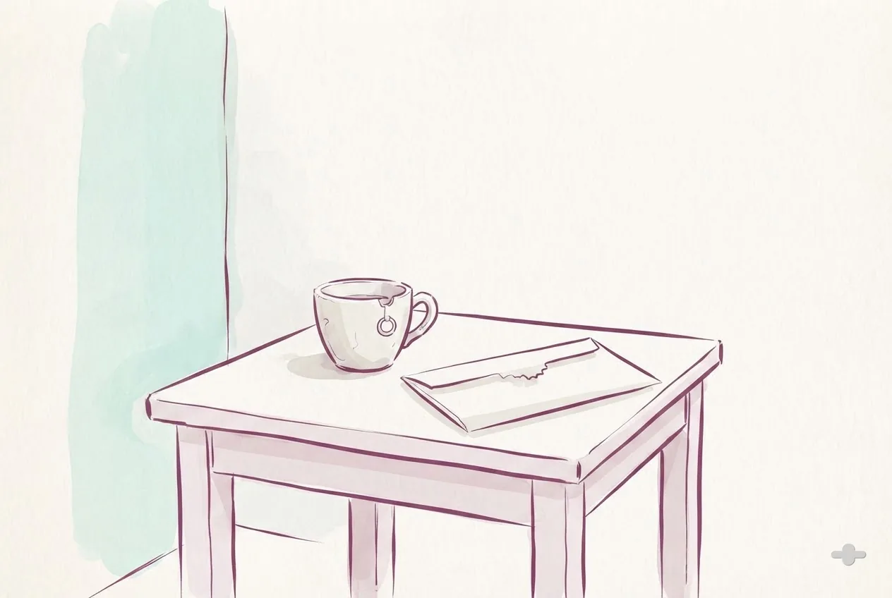 Ink-and-wash drawing of a payslip envelope beside a coffee cup