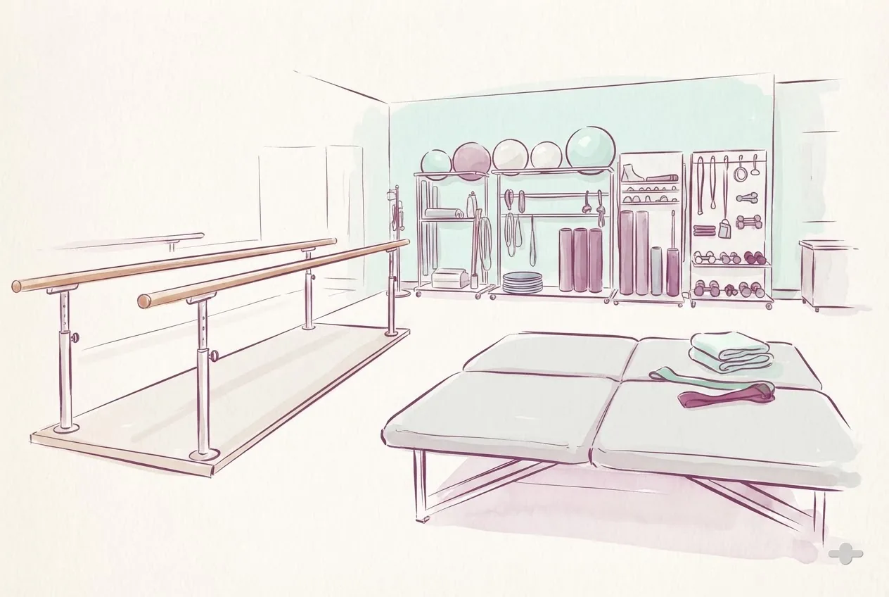 Ink-and-wash drawing of a hospital rehab gym with parallel bars