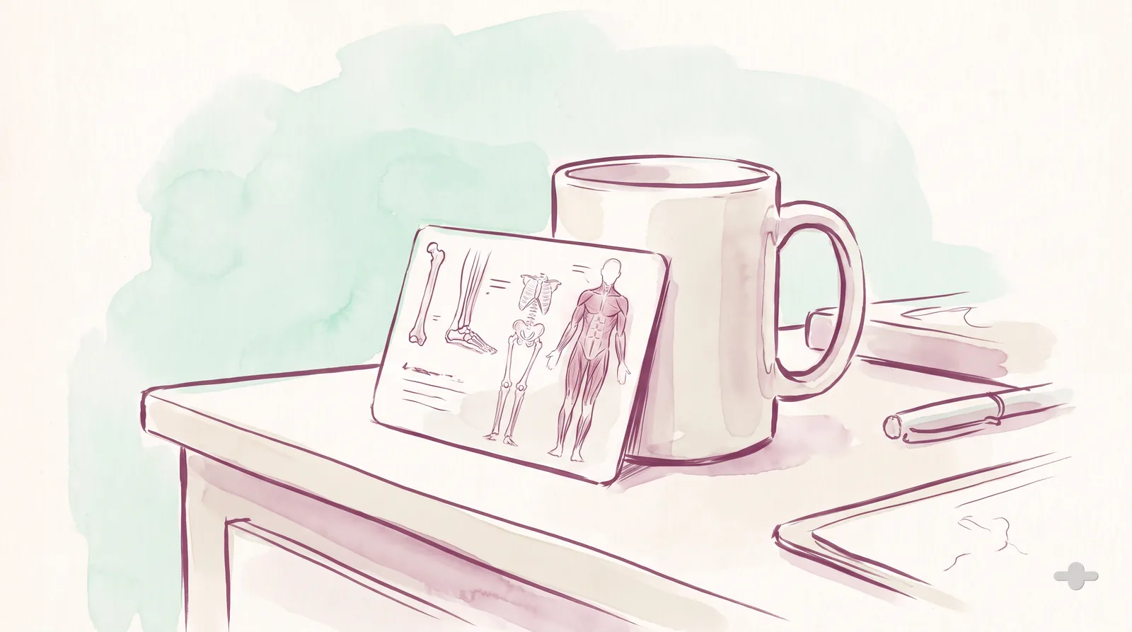 Ink-and-wash drawing of a pocket reference card propped against a mug