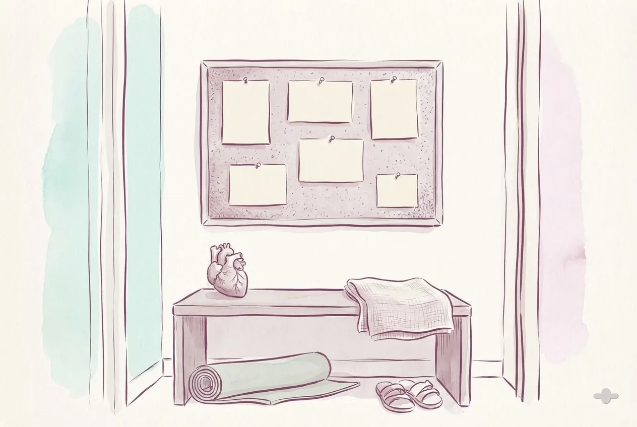 Ink-and-wash drawing of a corkboard with blank pinned cards