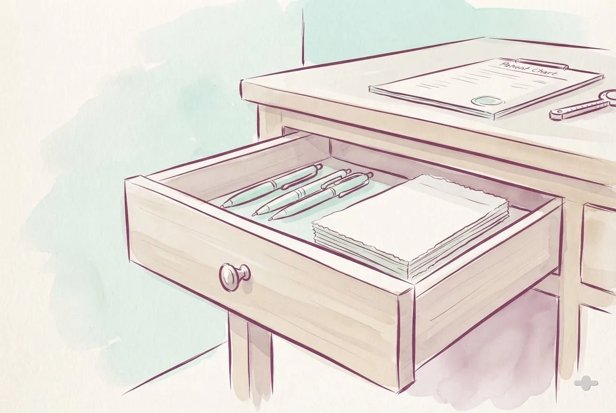 Ink-and-wash drawing of an open desk drawer with pens and forms