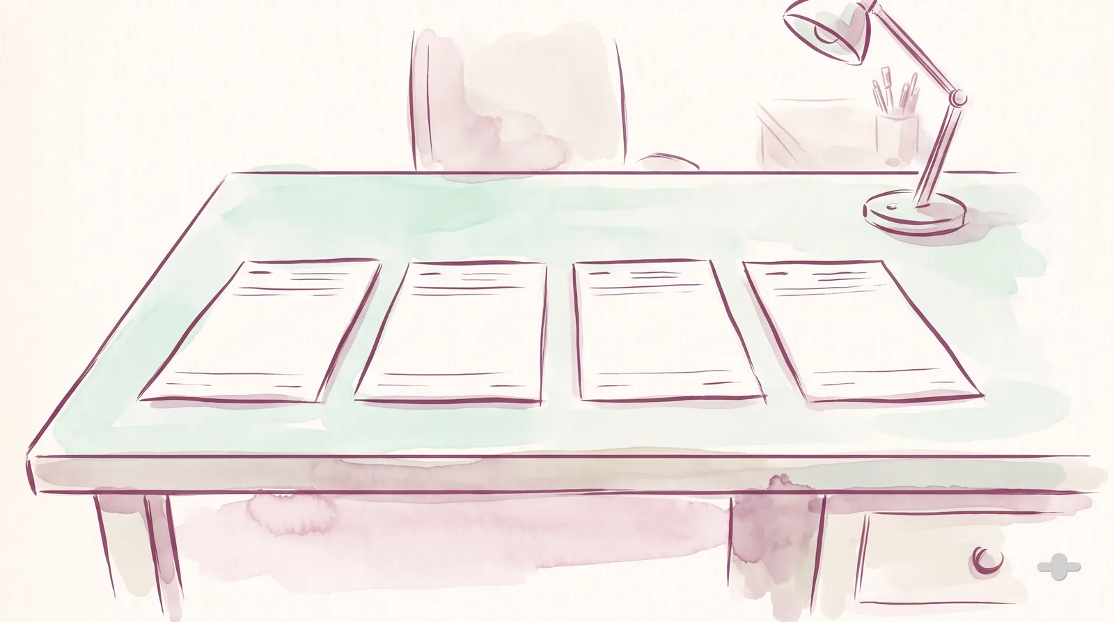 Ink-and-wash drawing of four blank forms laid out in a row