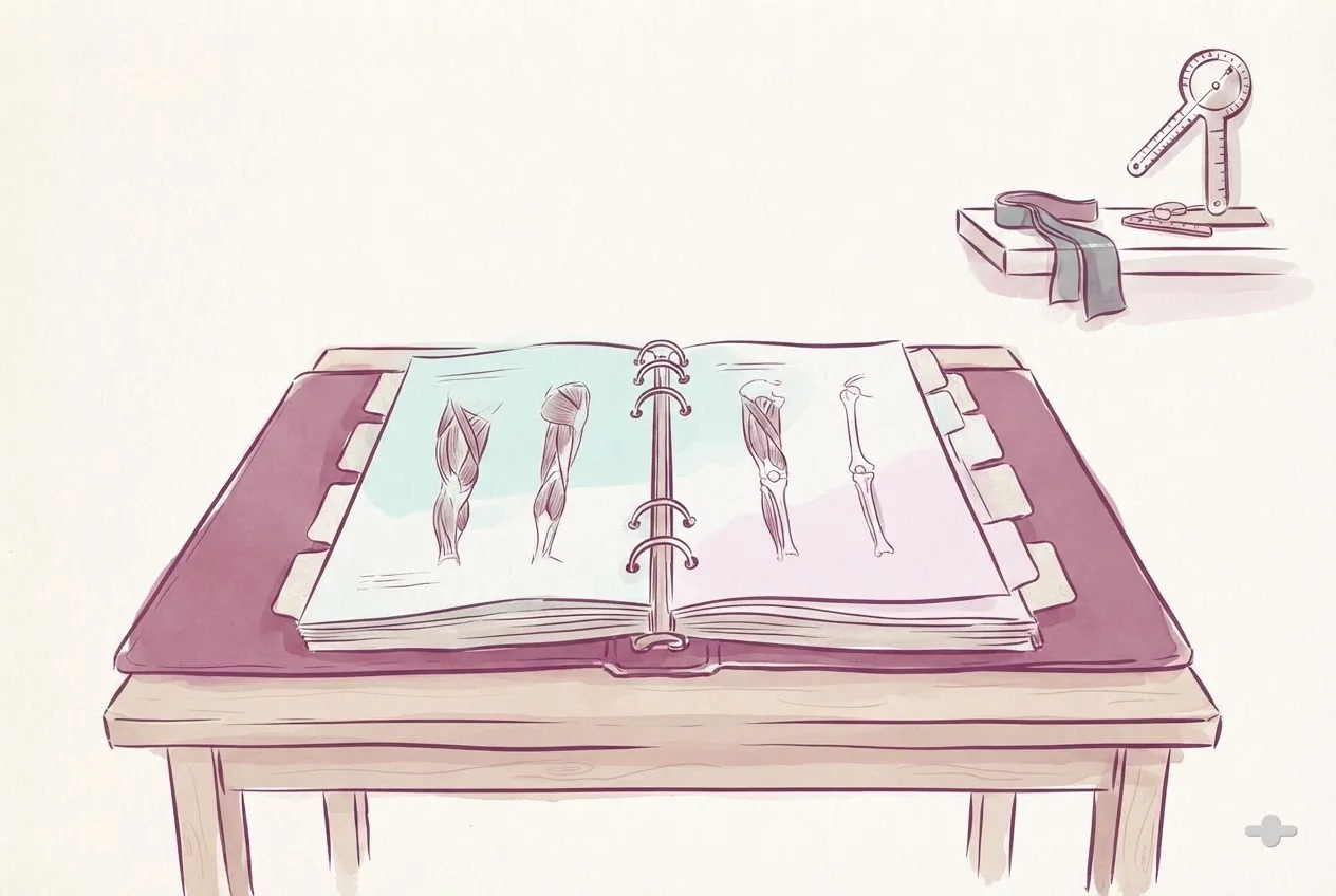 Ink-and-wash drawing of a ring binder open flat with divider tabs