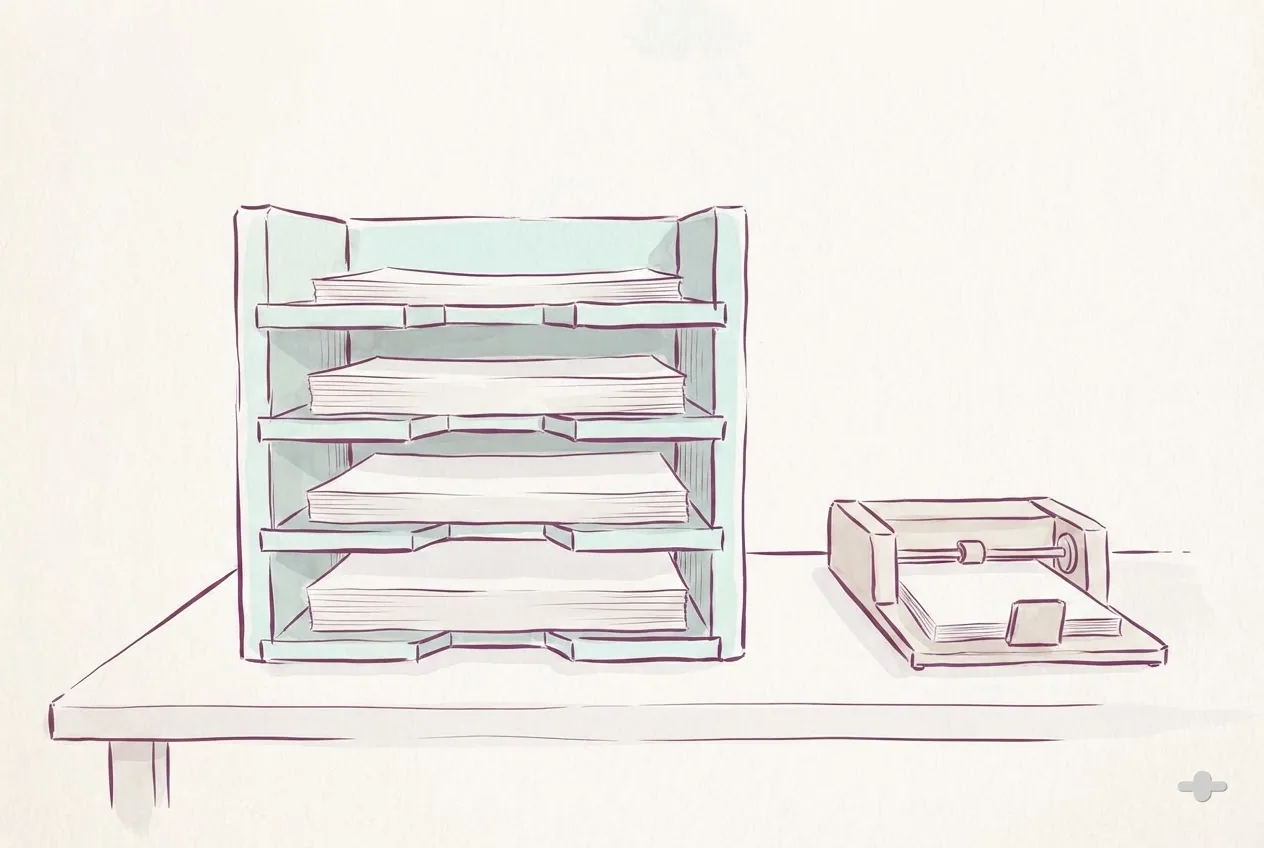 Ink-and-wash drawing of a printer tray with a stack of fresh pages
