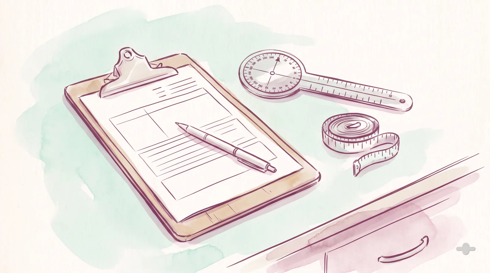 Ink-and-wash drawing of an evaluation form with a goniometer and a tape measure