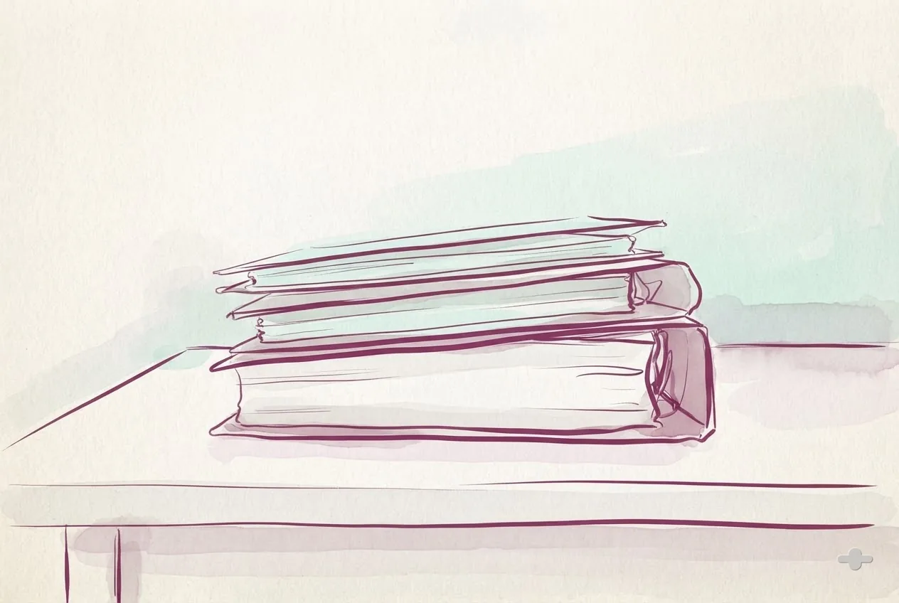 Ink-and-wash drawing of three folders of increasing thickness