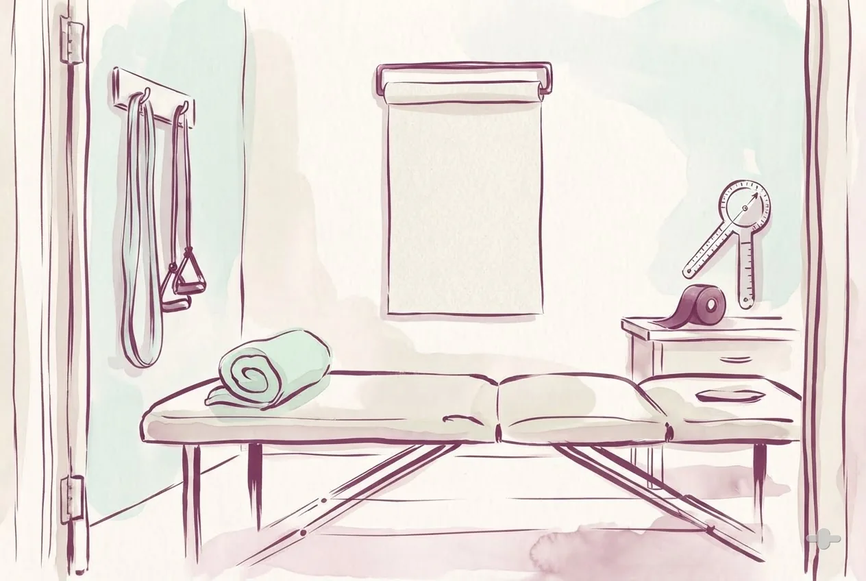 Ink-and-wash drawing of a blank wall chart in a treatment room
